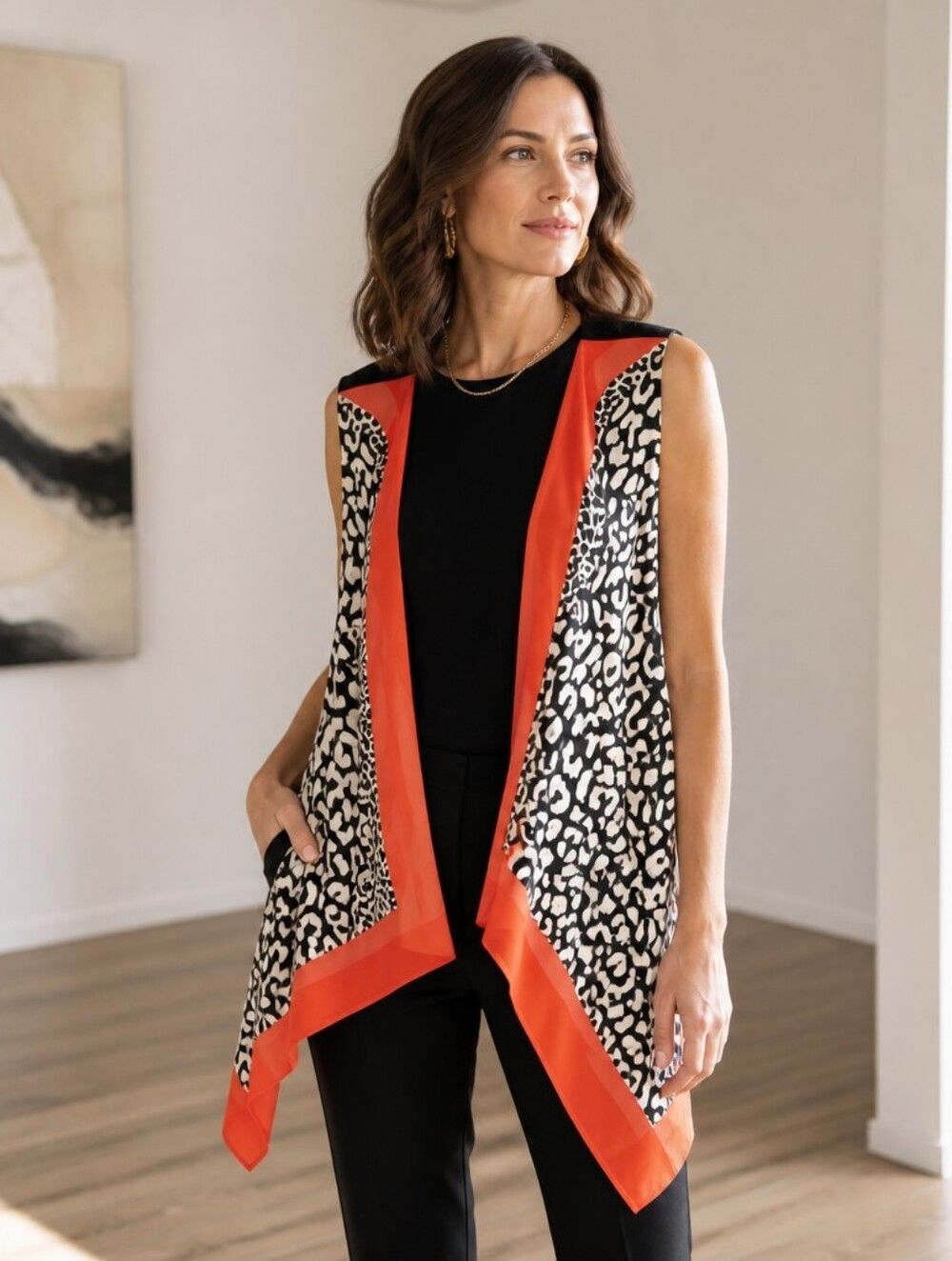 Chico's Black & Red Leopard-Print Drape Vest